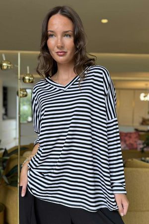 Made in Italy Perfect Breton V Long Sleeve Top Black - ** 